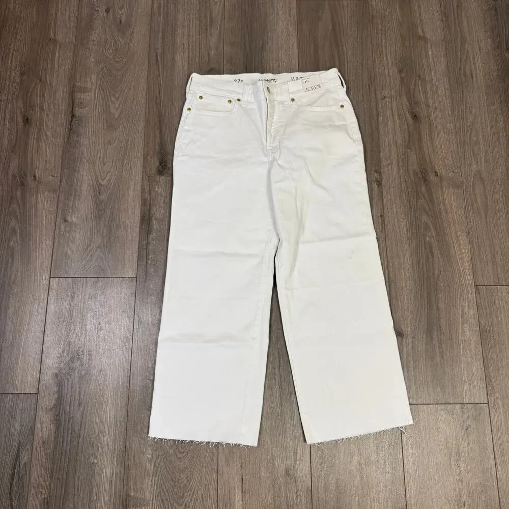 J.Crew Petite Slim-Wide Leg Jeans WMNS 27P White Denim 1996 Semi Stretch Raw Hem